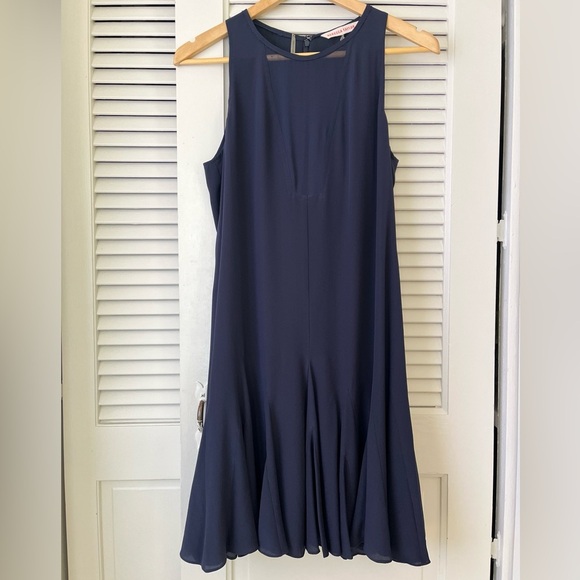 Rebecca Taylor Pieced Godet Sheer Insert Silk Flare Dress | Navy Blue | Size 8 - Picture 3 of 16